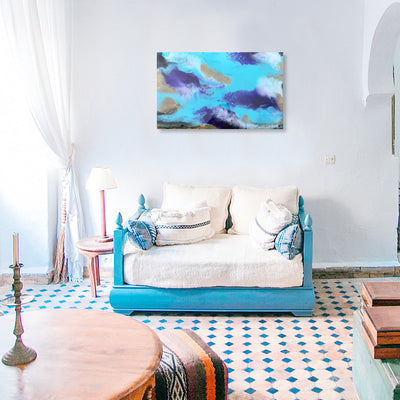 Resin painting featuring aqua, purple, gold, deep green and white. 